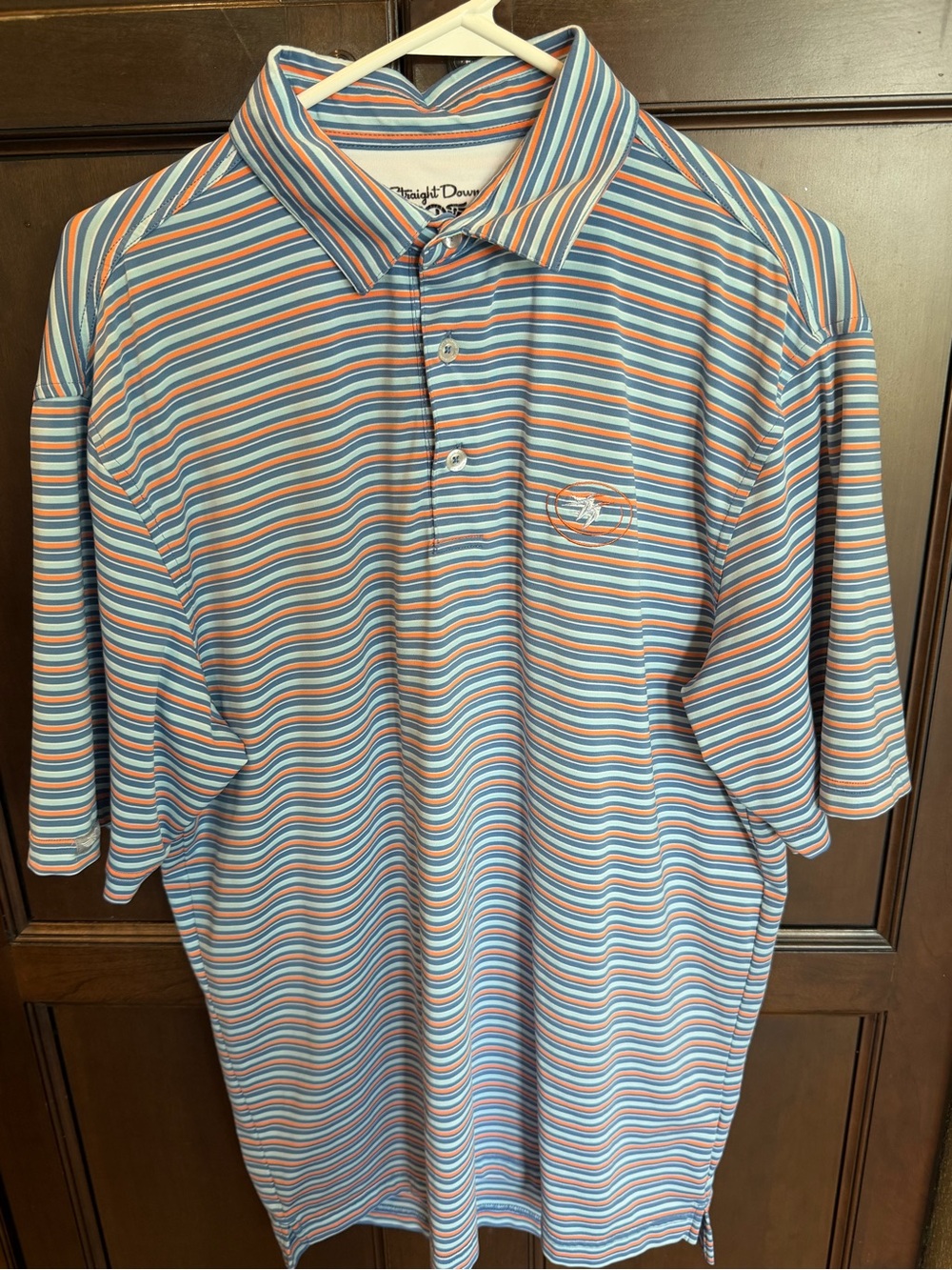 Straight Down Mens Golf Polo Shirt Large Blue Orange Striped Performance EUC